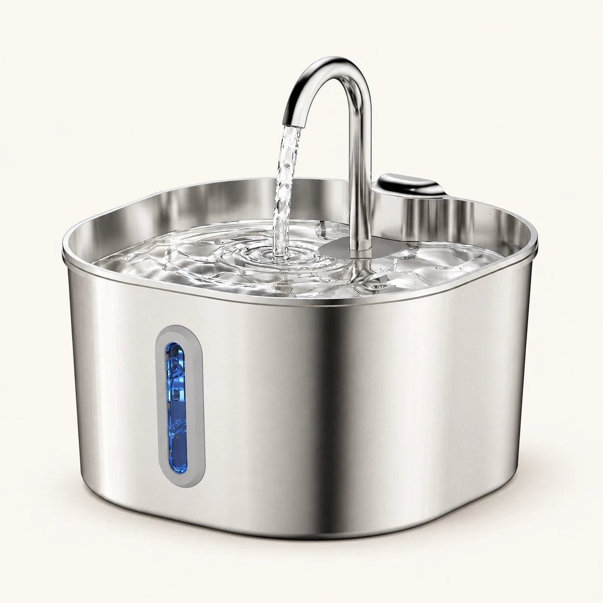 Fontaine à eau pour chat en inox brossé, vue de trois quarts