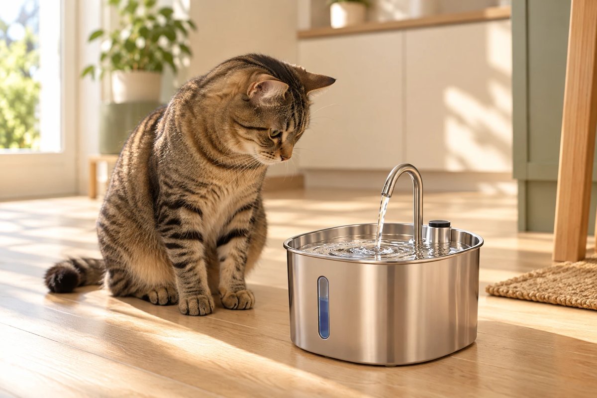 Chat tigré assis devant une fontaine à eau, qui regarde l'eau sans boire