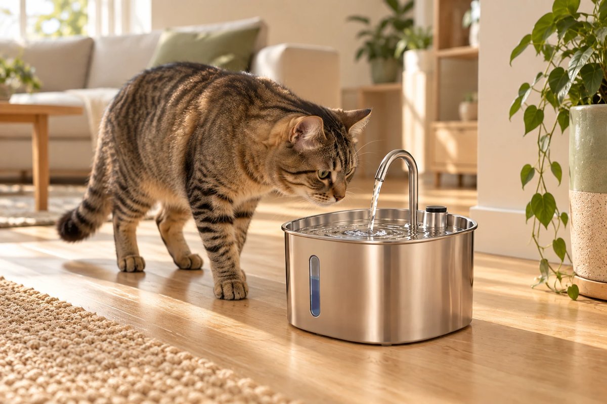 Chat tigré qui s'approche prudemment d'une fontaine à eau en inox pour la sentir