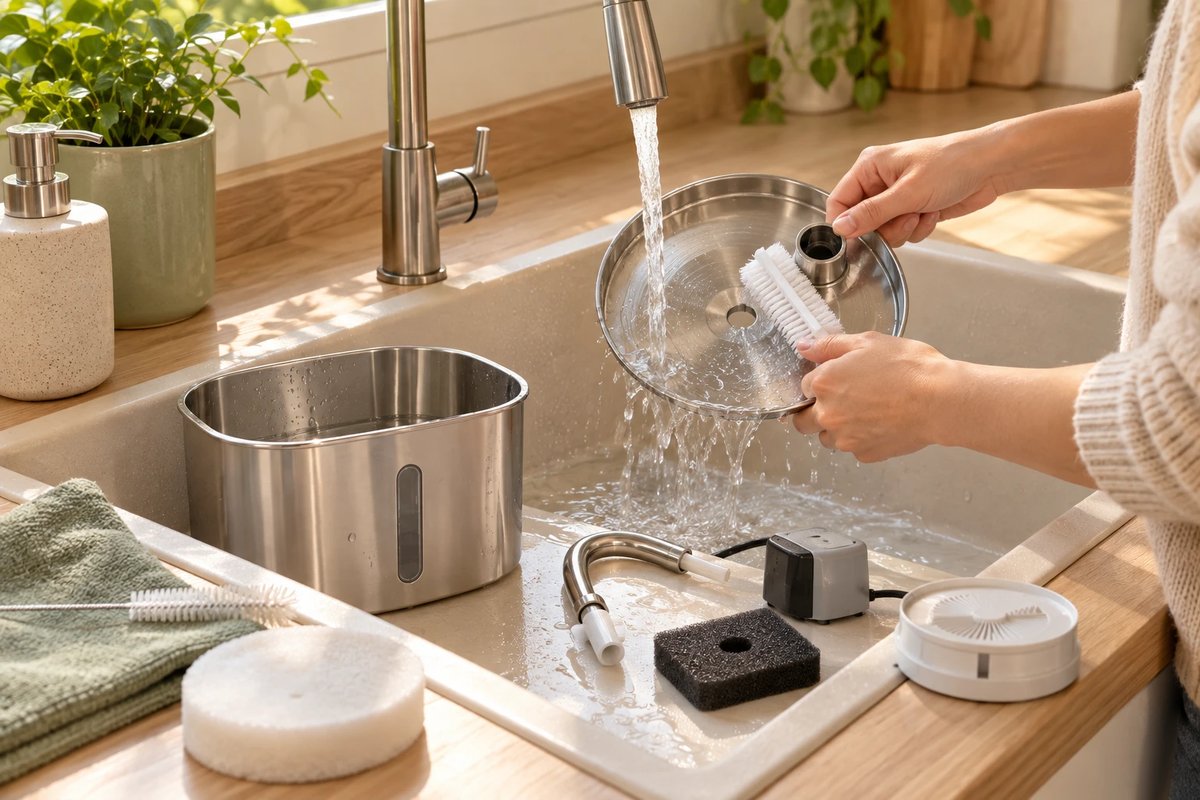 Mains qui nettoient les pièces d'une fontaine à eau en inox dans un évier avec une brosse