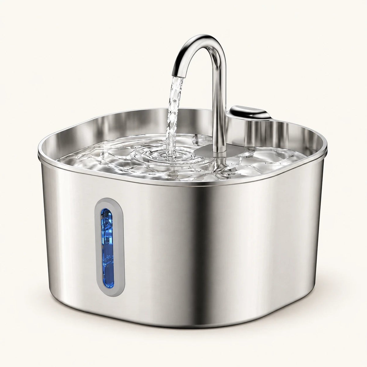 Fontaine à eau pour chat en inox brossé, 2,2 L, avec bec en arc et fenêtre de niveau d'eau, vue de trois quarts