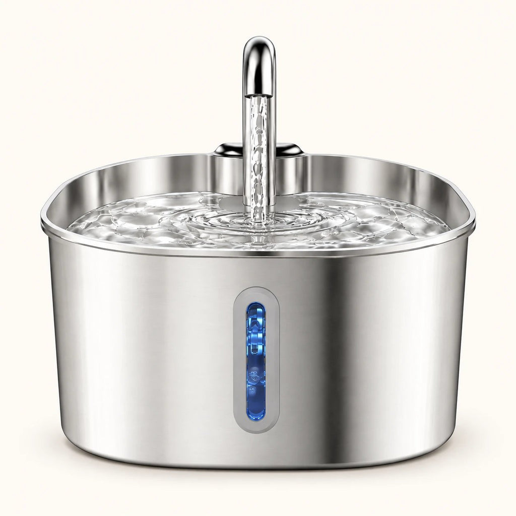 Fontaine à eau pour chat en inox, vue de face avec la fenêtre de niveau d'eau