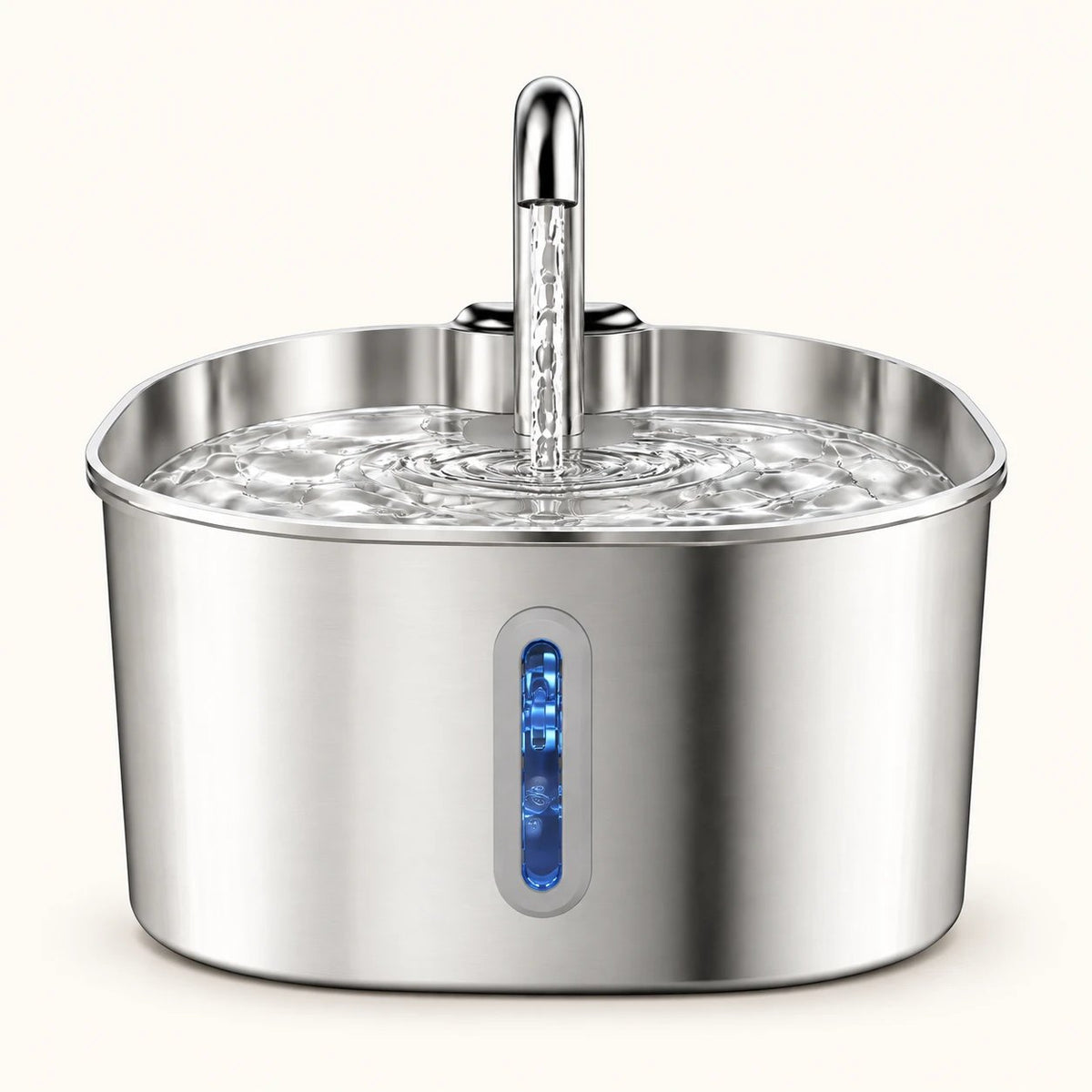 Fontaine à eau pour chat en inox, vue de face avec la fenêtre de niveau d'eau