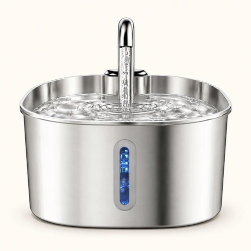 Fontaine à eau pour chat en inox, vue de face avec la fenêtre de niveau d'eau