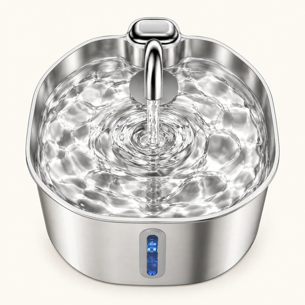 Fontaine à eau pour chat en inox vue de dessus, eau en mouvement et capteur