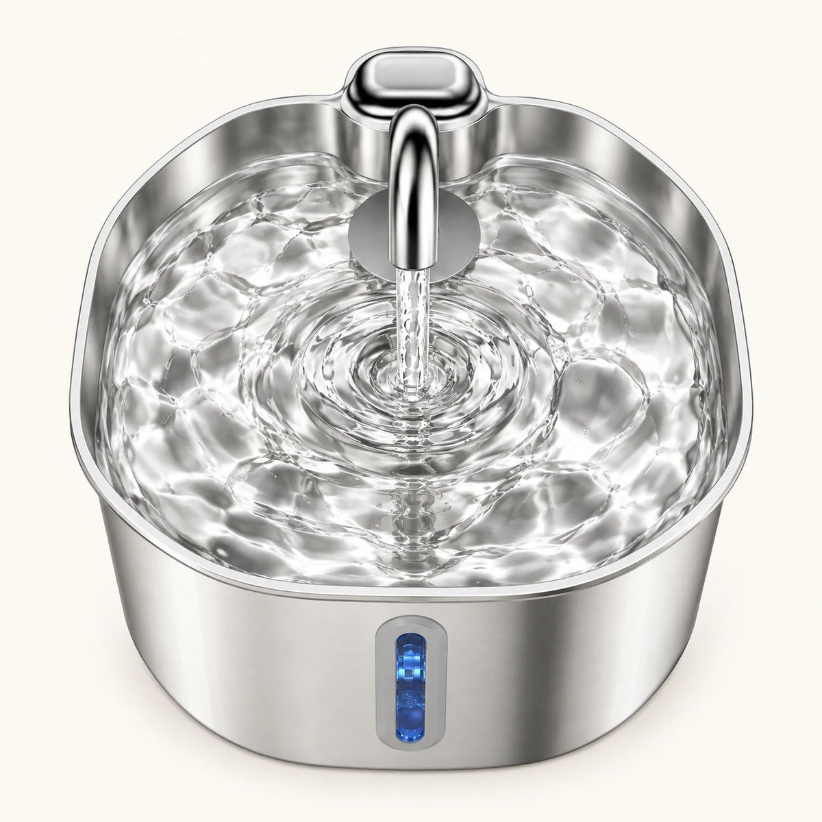 Fontaine à eau pour chat en inox vue de dessus, eau en mouvement et capteur