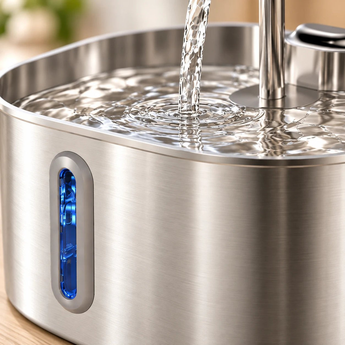Gros plan sur la fenêtre de niveau d'eau et l'inox brossé de la fontaine