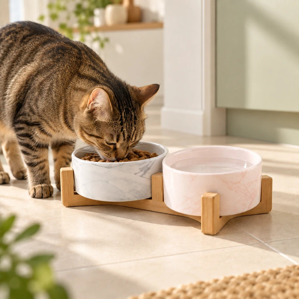 Chat tigré qui mange dans une gamelle en céramique marbrée sur support en bambou