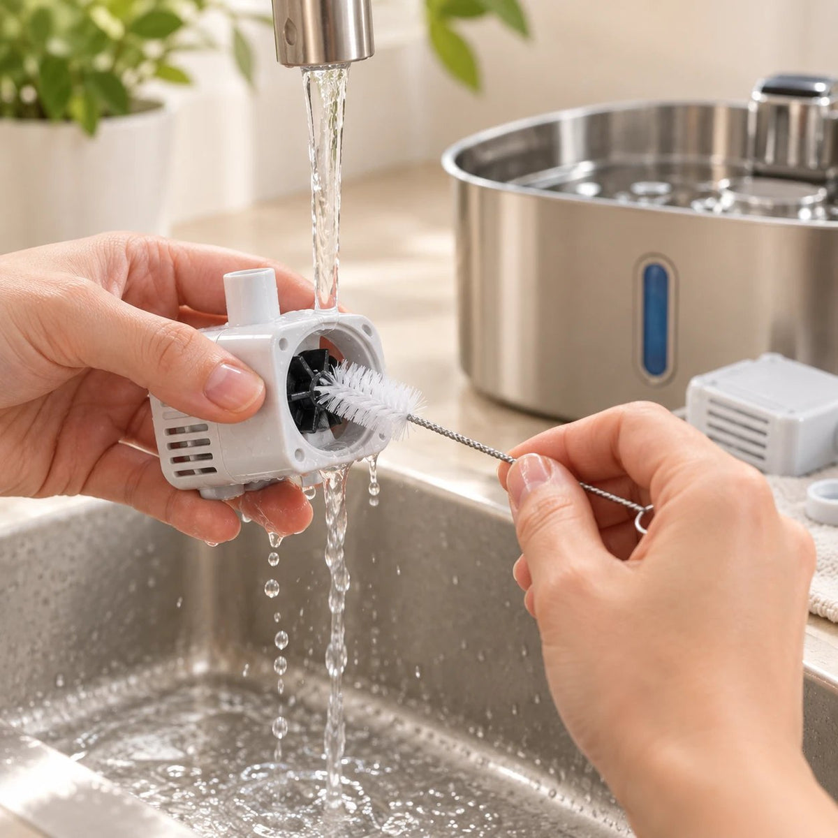 Nettoyage de la pompe de la fontaine avec le goupillon du kit d'entretien