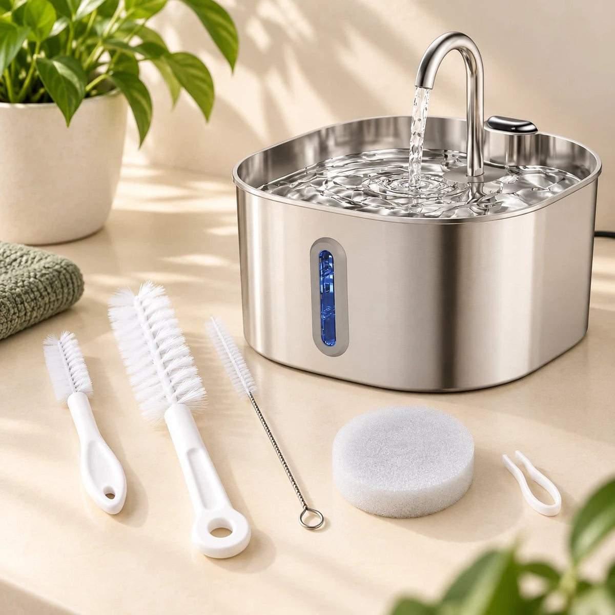 Kit d'entretien posé à côté de la fontaine à eau pour chat en inox