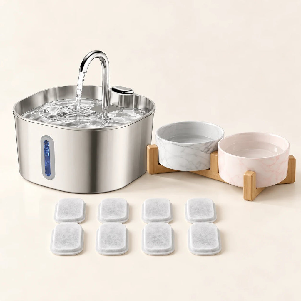 Pack Coin Repas : fontaine à eau en inox, gamelles en céramique marbrée et lot de 8 filtres