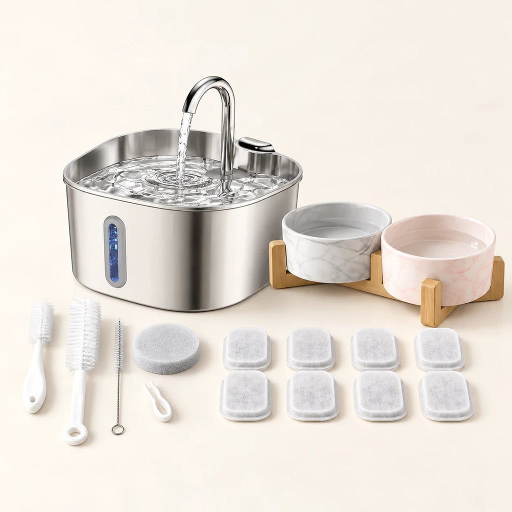 Pack Complet : fontaine en inox, gamelles marbrées, lot de 8 filtres et kit d'entretien