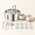 Pack Complet : fontaine en inox, gamelles marbrées, lot de 8 filtres et kit d'entretien