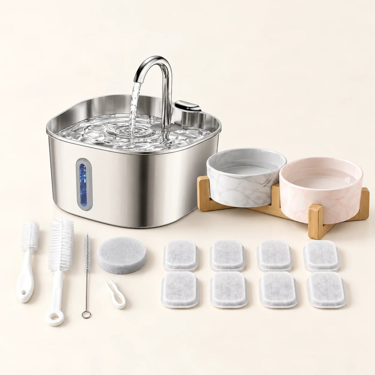 Pack Complet : fontaine en inox, gamelles marbrées, lot de 8 filtres et kit d'entretien
