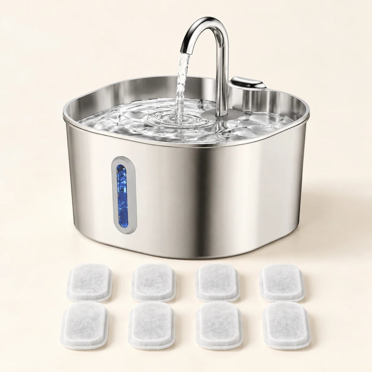 Pack Essentiel : fontaine à eau pour chat en inox et lot de 8 filtres de rechange